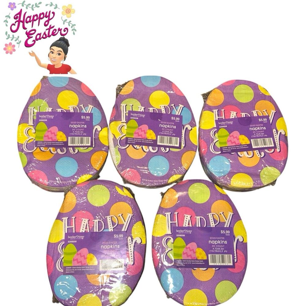 5x Brother Sister Design Studio Happy Easter  Egg Shaped Napkins 50 Ct Each